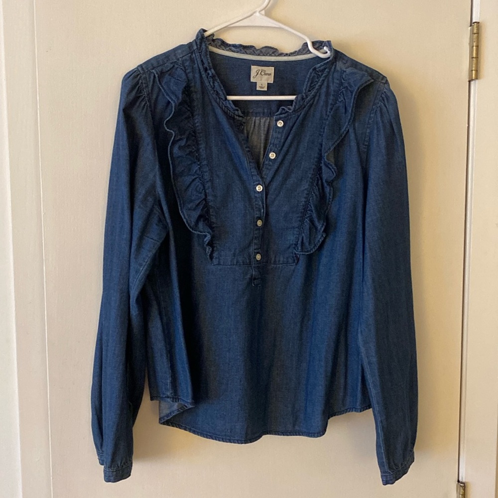 Jcrew denim pullover shirt with ruffle detail